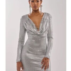 AKIRA TOO HOT TO HANDLE RHINESTONE MINI DRESS IN SILVER Size LL